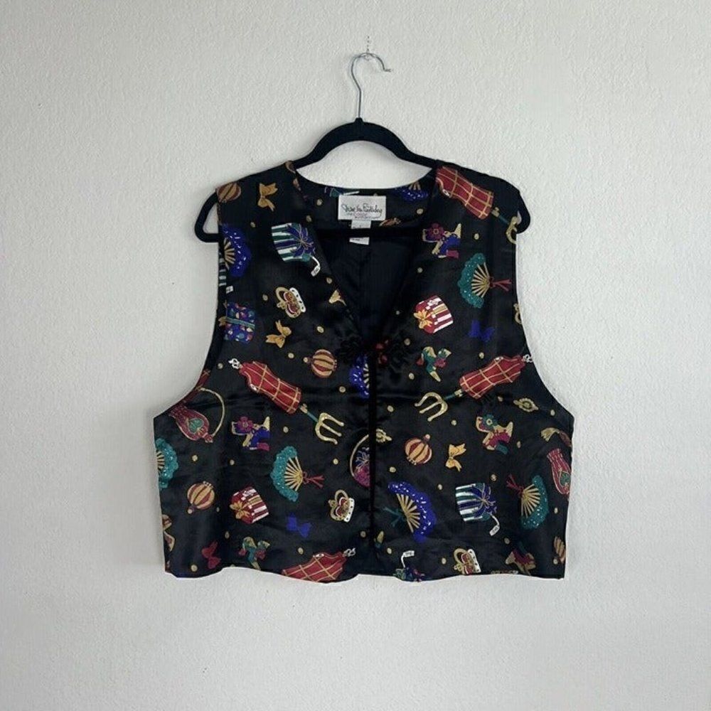 Diane Von Furstenberg The Color Authority Black Camp Funky Satin Vest Womens Lrg